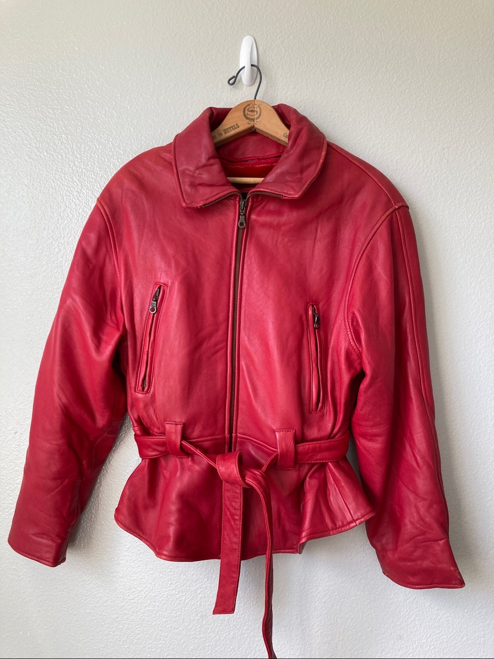 Vintage 80s 90s Marcia Red genuine leather peplum belted statement jacket sz L